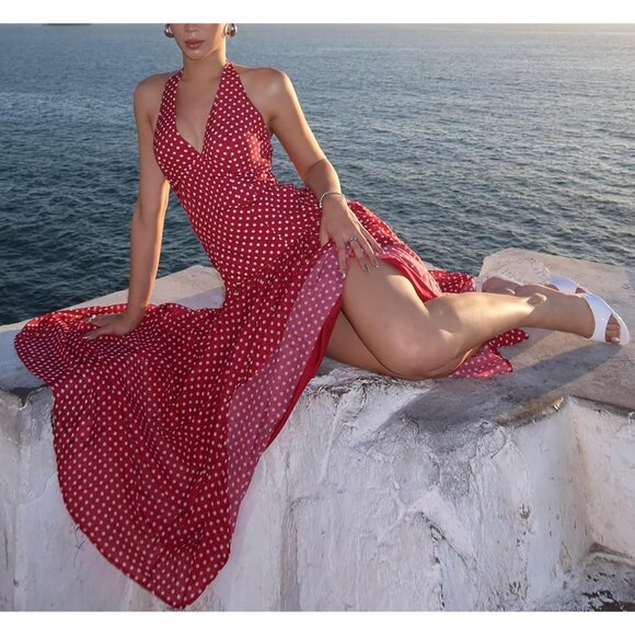 Women's Polka Dot Maxi Dress Polyester Spandex Halter Neck Party Beach Wear - Picture 5 of 6